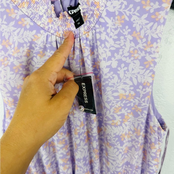 Express Printed Sleeveless Mock Neck Tiered
Ruffle Dress in lilac Purple Print - Picture 5 of 9